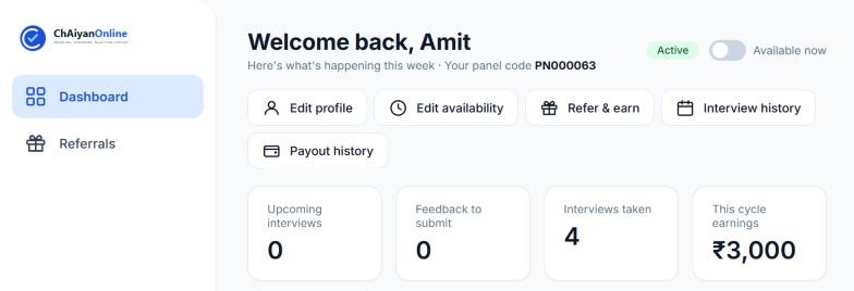 The panelist dashboard showing interviews and earnings
