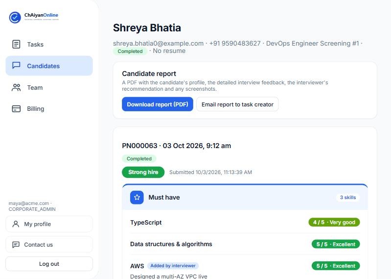 A candidate report with a strong hire recommendation and skill ratings