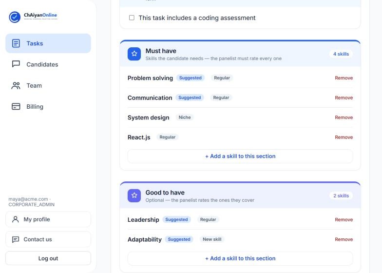 Creating a task with must-have skills and their pricing tiers